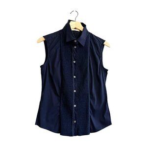 Prada Dark Blue Sleeveless Button Down Shirt, Size 44 Italy, stretch